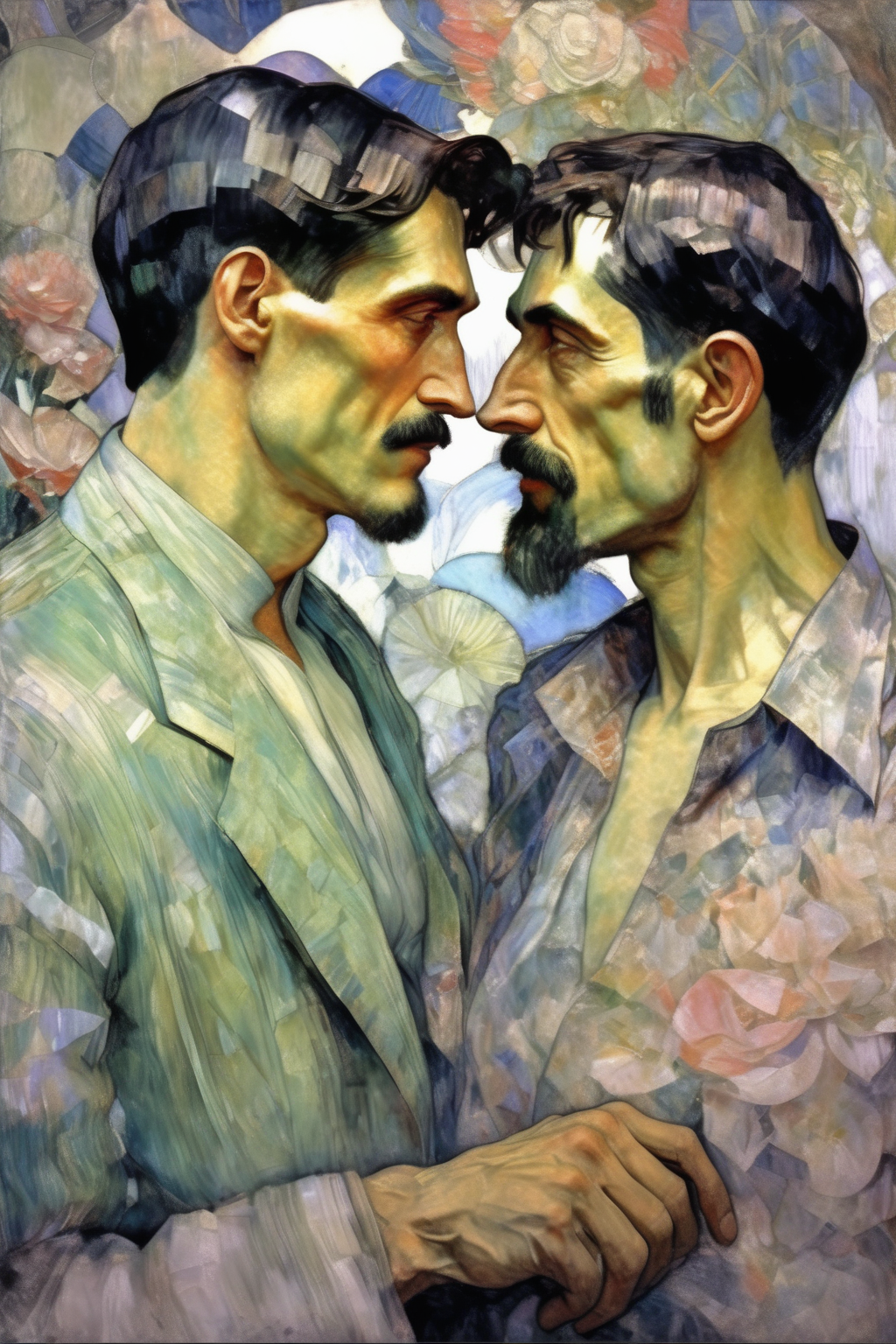 00406-1724311546-_lora_Mikhail Vrubel Style_1_Mikhail Vrubel Style - An image of two men in their early 40s, who are in love, looking at each oth.png